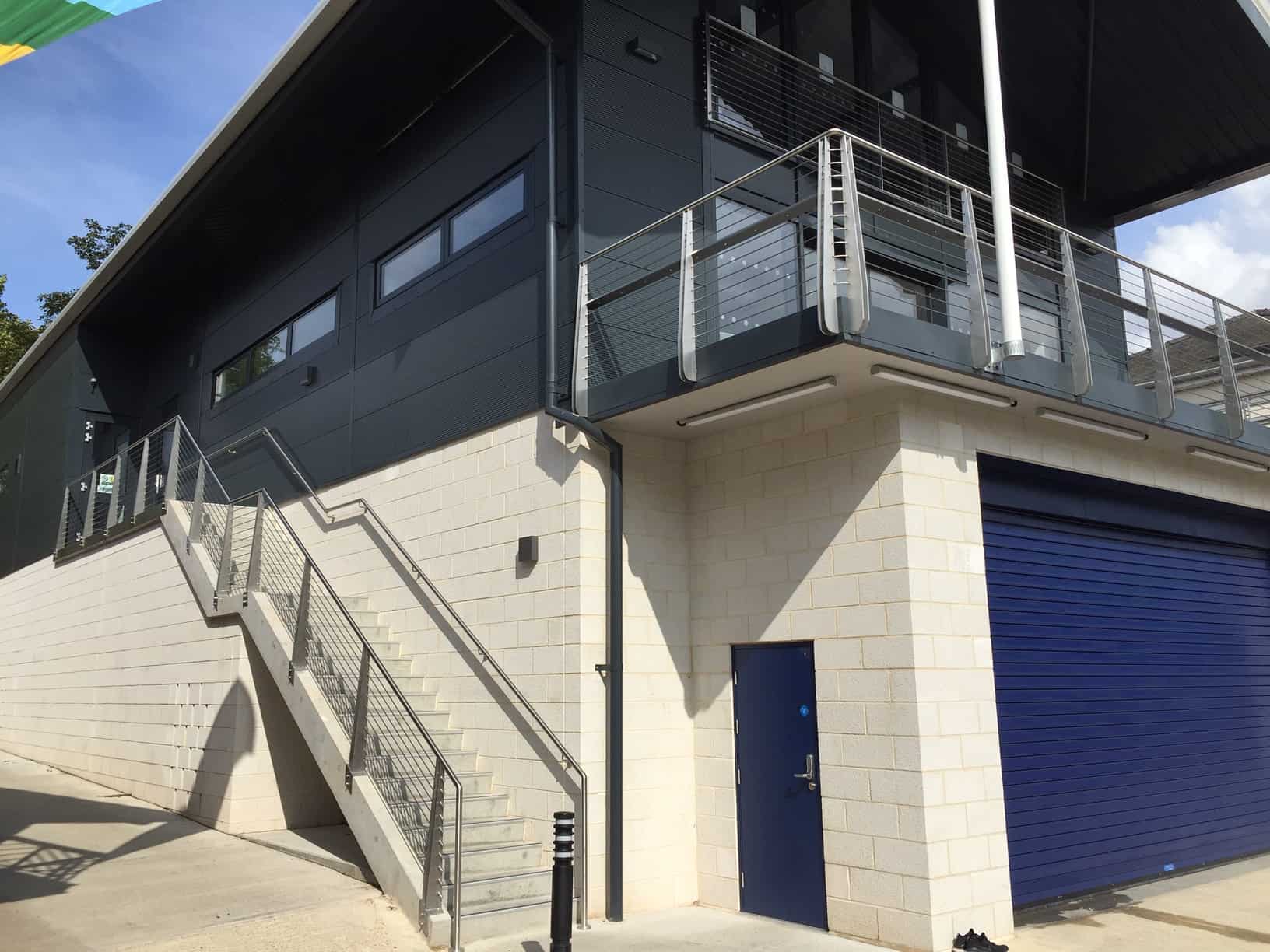 metal balcony City of Cambridge Rowing Club building main outer staircase balcony corner profile Wrightfield